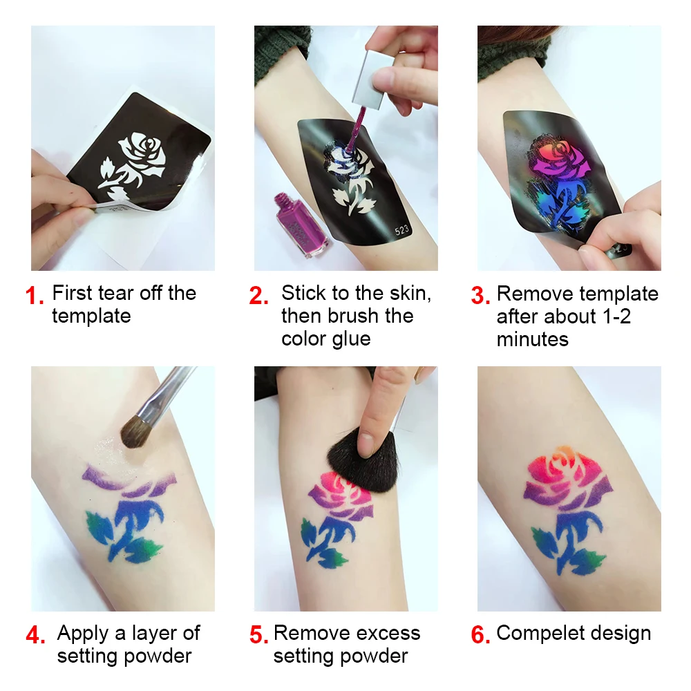 6pcs Temporary Tattoo Colored Painting Glue Pattern Glitter Flash 10ML Transfer Fake Liquid Glue For Disposable Tattoo Body Art