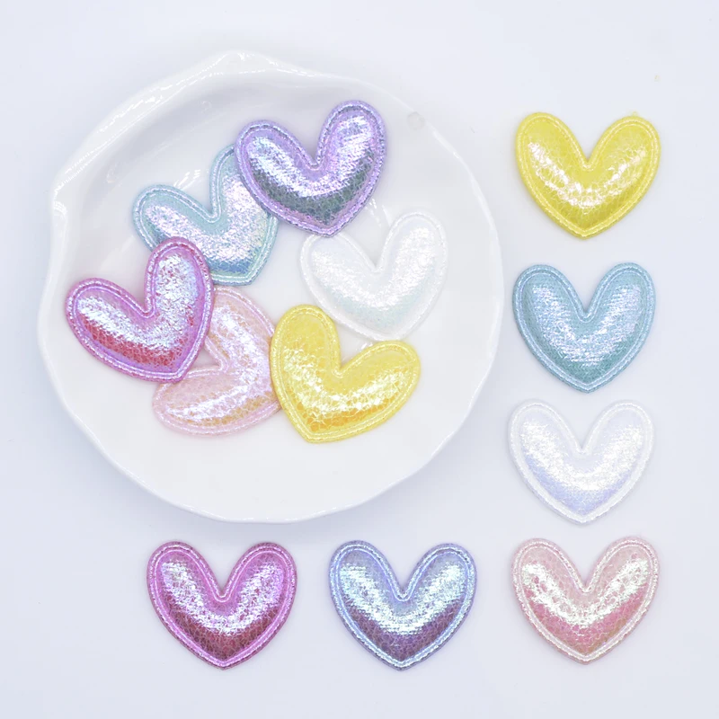 100Pcs 25*22mm Padded Shiny Leather Heart Patches Appliques for Clothes Hat Sewing Supplies DIY Headwear Hair Bow Decor N29