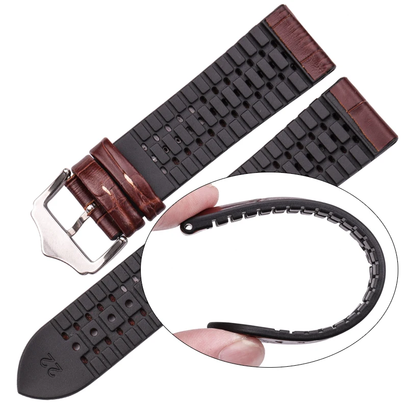 Genuine Leather With Rubber Watch Band 18 20 22mm Black Brown Men Women Waterproof Breathable Watch Strap Accessories