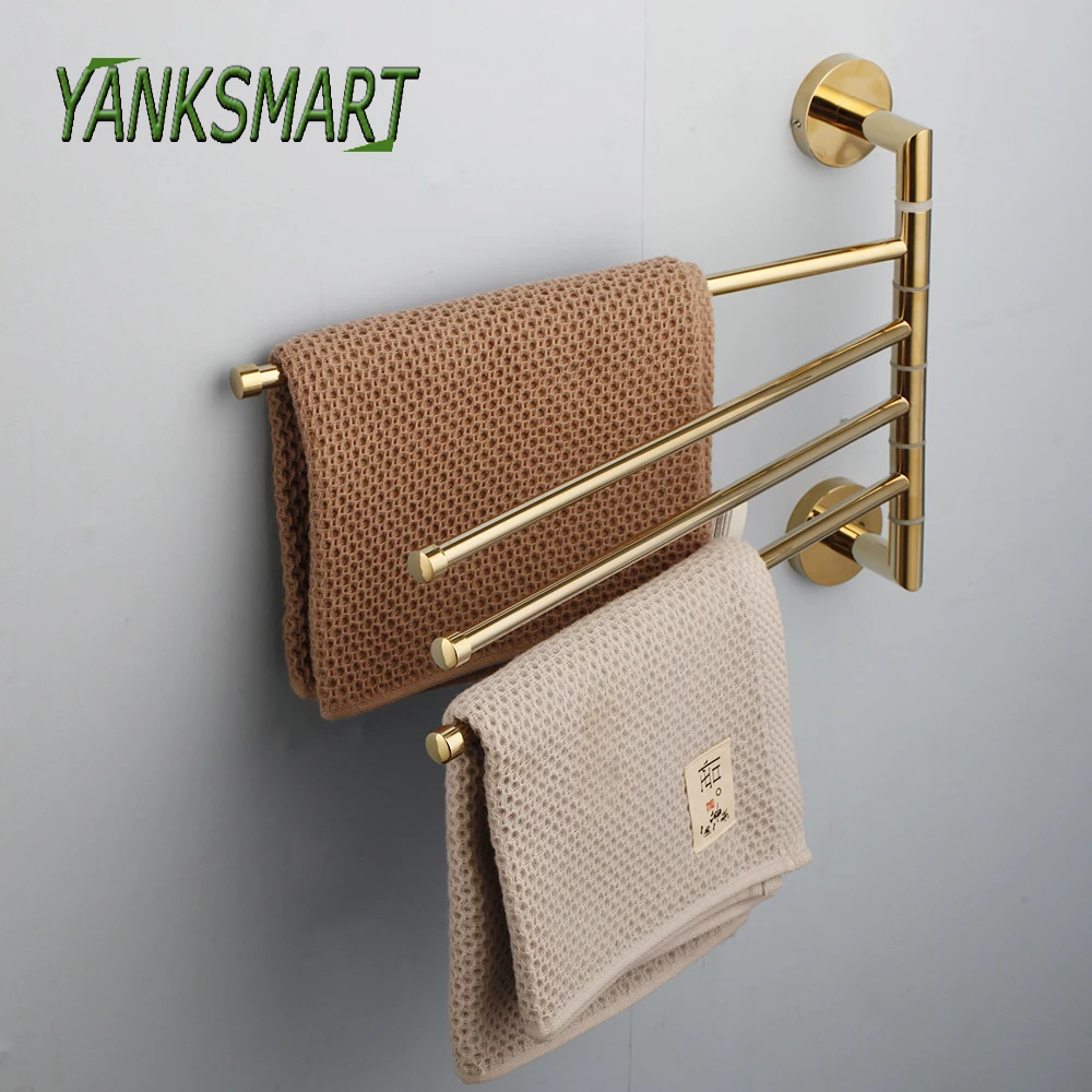 

YANKSMART Gold Stainless Steel Rotating Towel Rack Bath Rail Hanger Towel Holder 4 Swivel Bars Bathroom Wall Mounted Towel Rack