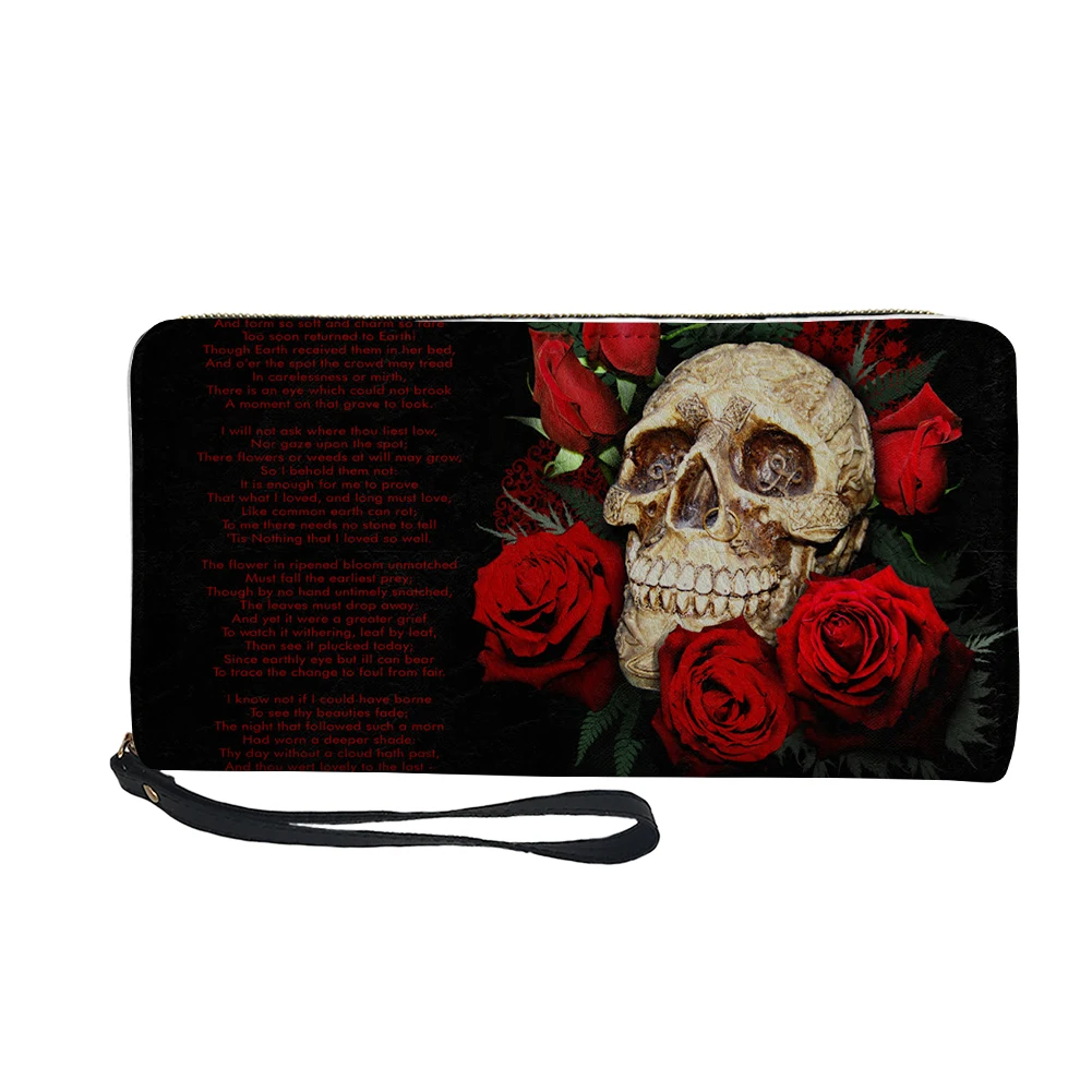 

Jackherelook, Женский кошелек с принтом в виде сахарного черепа и розы, кожаный кошелек с ручкой для женщин, женский длинный секционный кошелек для телефона, искусственный карман для денег