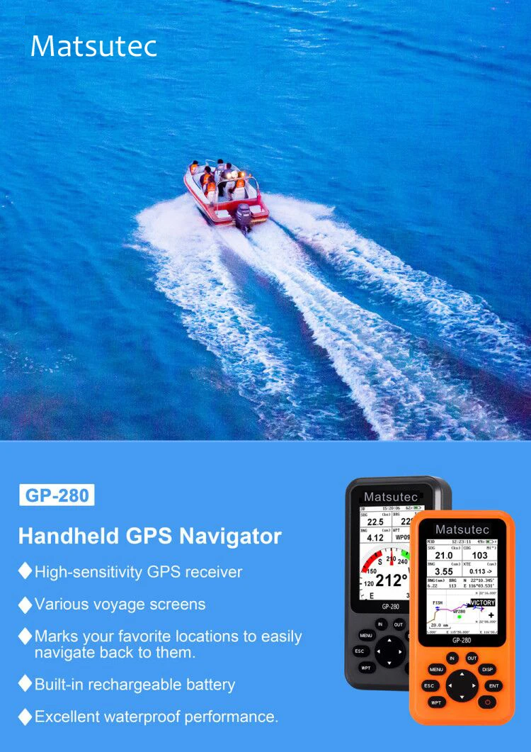 Matsutec GP-280 Handheld Navegador GPS, Localizador GPS marinho, Receptor GPS de alta sensibilidade portátil, Várias telas Voyage