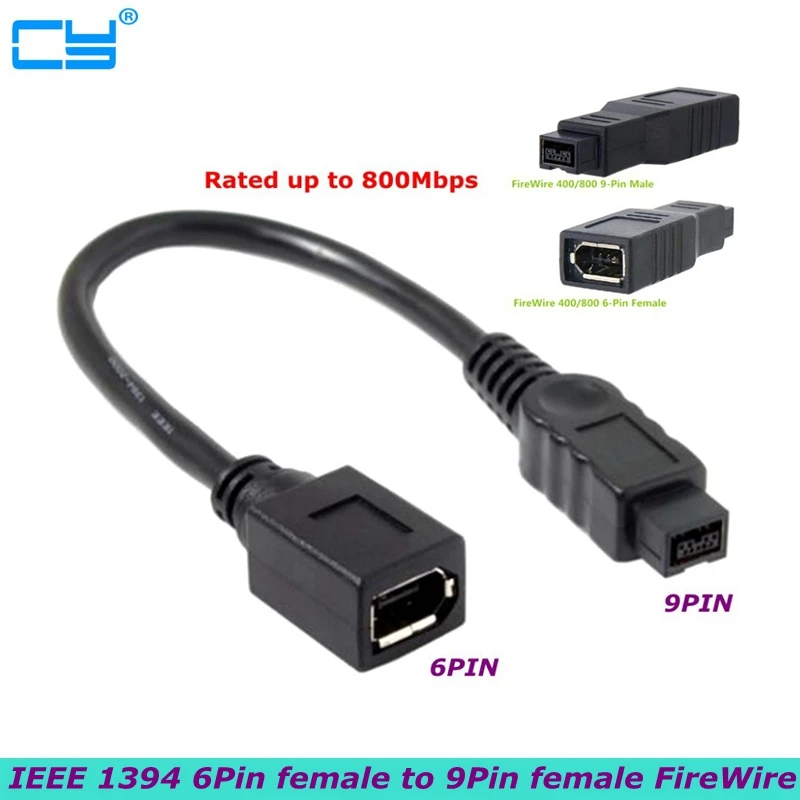 20cm Black IEEE 1394 6Pin Female to 1394b 9Pin Female FireWire 400 to 800 Cable Adapter to Connect to a Computer Digital Camera