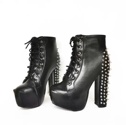 Dipsloot Punk Black Leather Spikes Lace Up Platform Ankle Boots Round Toe Chunky Heels Party Club High Heels Short Boots Shoes