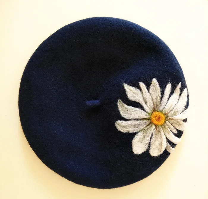 Faramita Holiday White Daisy Flowers Women Wool Felt French Berets Handmade Beret Girls Kids Child Winter Painter Hat Hats Cap