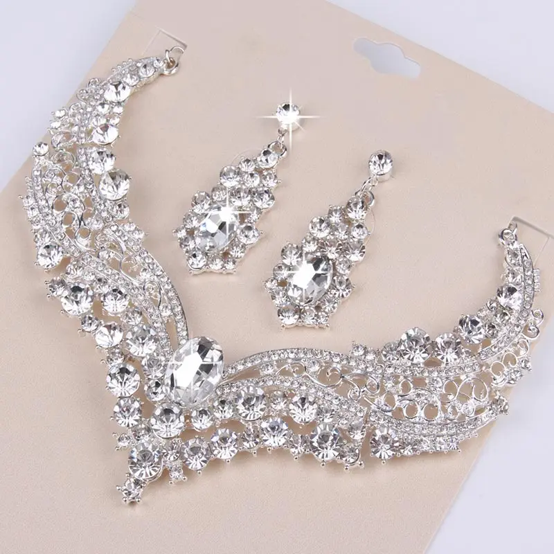 3 Pcs/Set Women Lady Necklace + Earrings Crystal Wedding Party Bride Jewelry Necklaces Earring Jewel Accessories Kit Gifts 2023