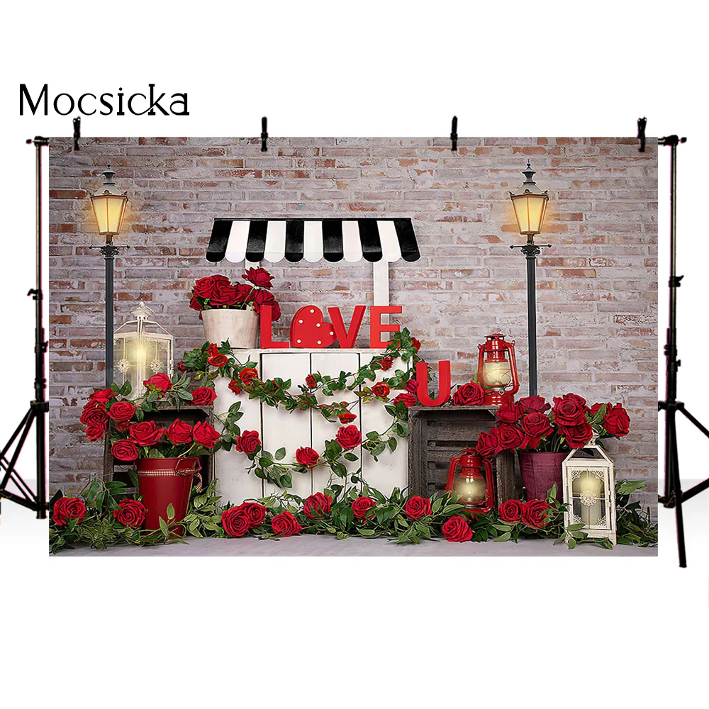 วันที่ Night Rose ดอกไม้ภาพพื้นหลังเด็กภาพฉากหลังสําหรับถ่ายภาพอิฐผนังวันวาเลนไทน์ Photocall พื้นหลัง
