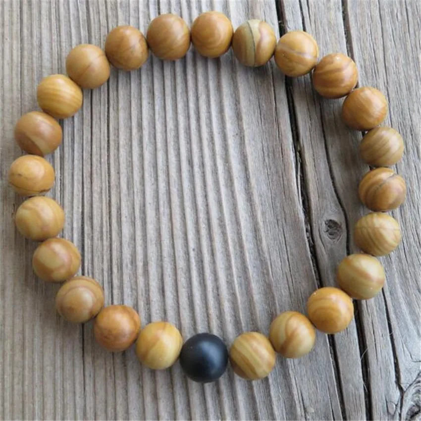 8mm Wood veins stone Obsidian Gemstone Mala Bracelet Monk 7.5inches Spirituality Stretchy Handmade Meditation Bless Unisex Wrist