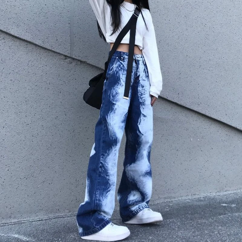 

2021 New Arrival Spring Autumn Women Cotton Denim Print Full Length Pants Button Fly Waist Casual Loose Straight Jeans P139