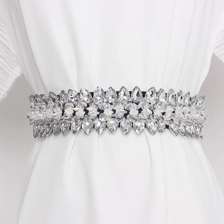 Wanita Runway Fashion Berlian Imitasi Manik-manik Elastis Cummerbunds Wanita Korset Ikat Pinggang Dekorasi Sabuk Lebar R207