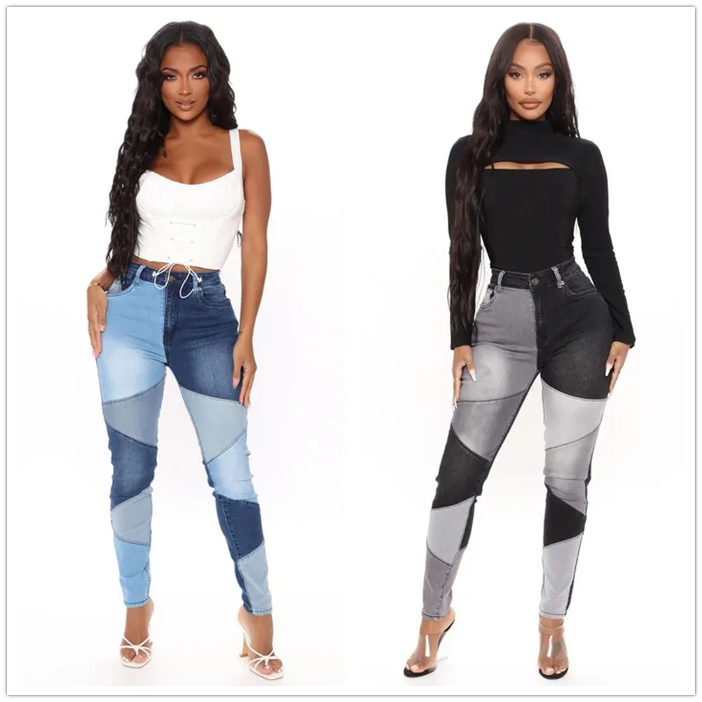 2021 New Fashion Woman Stitching High Waist Jeans High Stretch Denim Pencil Pants Street Trendy Trousers S-3XL Drop shipping