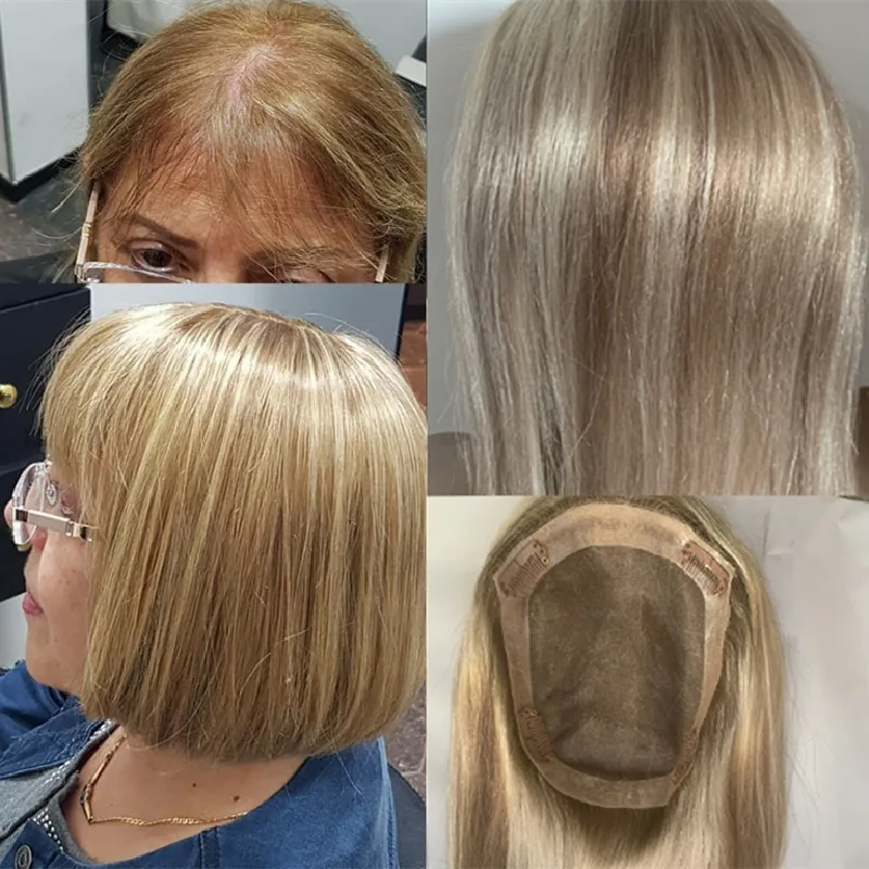 

Highlight Blond Straight 20 Inches 150% Density Remy Human Hair Breathable Mono With Clip Toupee Women Wig Hair Piece