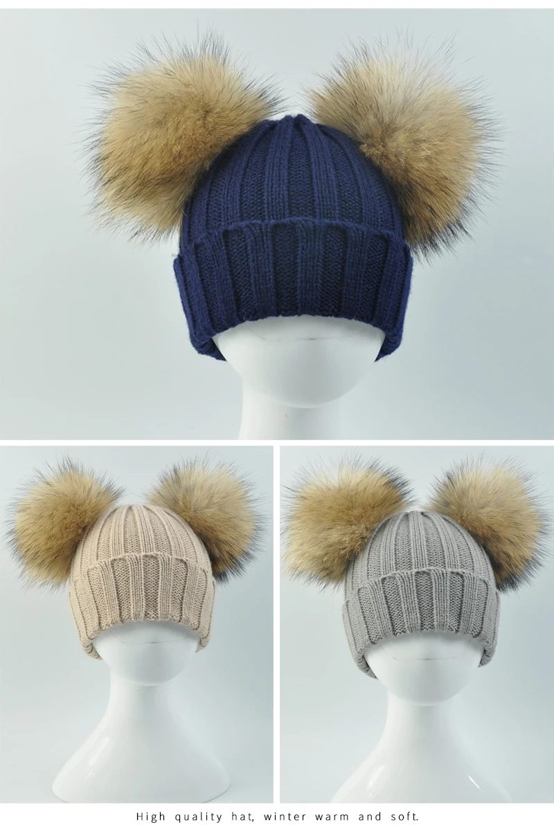 JX Watcher Winter Doppel Echtpelz Pom Pom Hut für Kinder Baby Strick mützen mit zwei Pelz Pompons Jungen Mädchen hochwertige Mütze Mütze – Detail 39