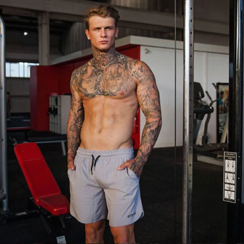 Shorts de poliéster masculino casual, musculação calça curta masculina, moletom com cordão até o joelho, ginástica fitness, nova moda