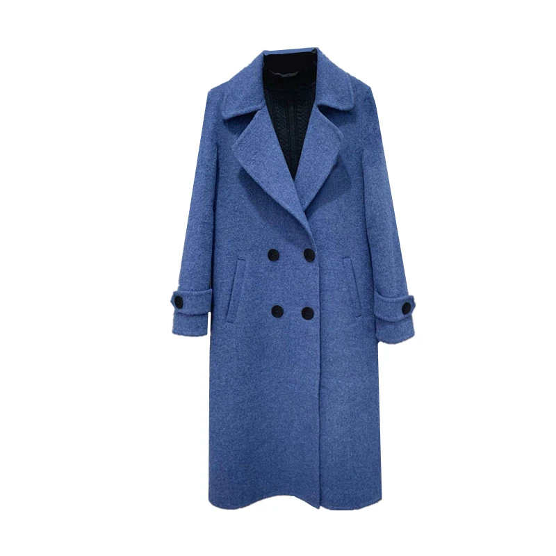 HANZANGL Autumn winter plus size woolen coat women long section Double Breasted Turn-down Collar blue ladies wool coats overcoat