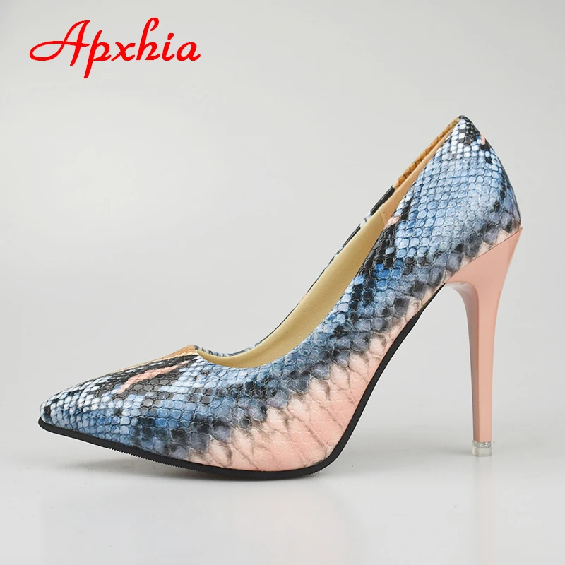 Aphixta Plus Big Size 34-42 Pumps Women Shoes 10cm Thin Heels Snake Print Leather Office Party Dress Stiletto Heels Shoes Woman