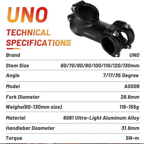 Imagen 2 del producto UNO-vástago negro ultraligero para bicicleta de montaña, horquilla de vástago de carretera de 7, 17 y 35 grados, 28,6, 31,8mm, 60/70/80/90/100/110/120/130mm, King Kalloy