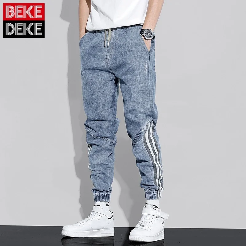 

Jeans Casual Mens New Korean Style Fashion Stripe Spliced Pockets Adjustable Waist Elastic Waist Loose Straight Cargo Pants