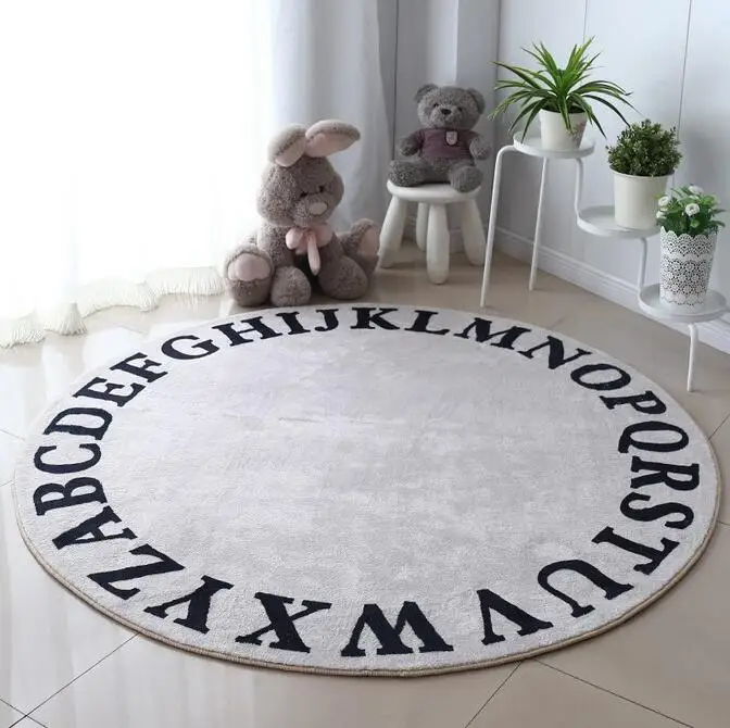 Nordic Cartoon Round Carpet Letter Printed Cotton Thickened Cashmere Anti-fall Rug Bedroom Bedside Children Game Crawling Mat