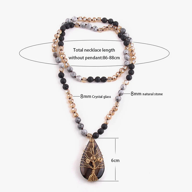 Fashion Bohemian Jewelry Natural Stones /Glass Crystal Knotted With Semi Precious Pendant Boho Necklace Women Gift