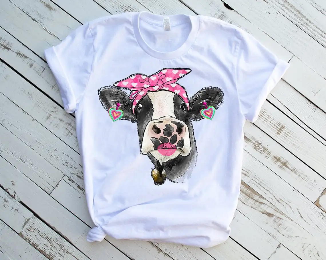 Kawaii Pink Cow Flowers Animal Print T-Shirt Women Clothes 2024 Funny White Tshirt Female Summer Tops Tee Shirt Femme T Shirt