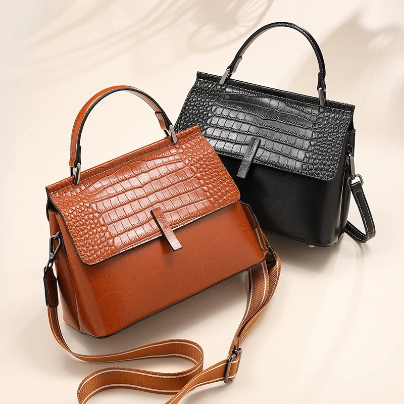 Zency Cowhide Leather Alligator Retro Women Shoulder Bags All-Match Fashion Designer Crossbody Female Cover Chic Tote Handbag
