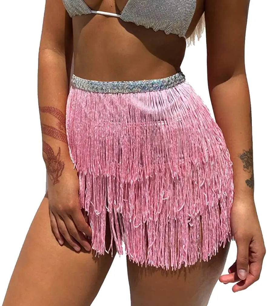 Women Sequin Tassel Tutu Skirt Rave Fringe Belly Dance Hip Scarf Wrap Skirt Club Mini Skirt Sexy Club party Clothing