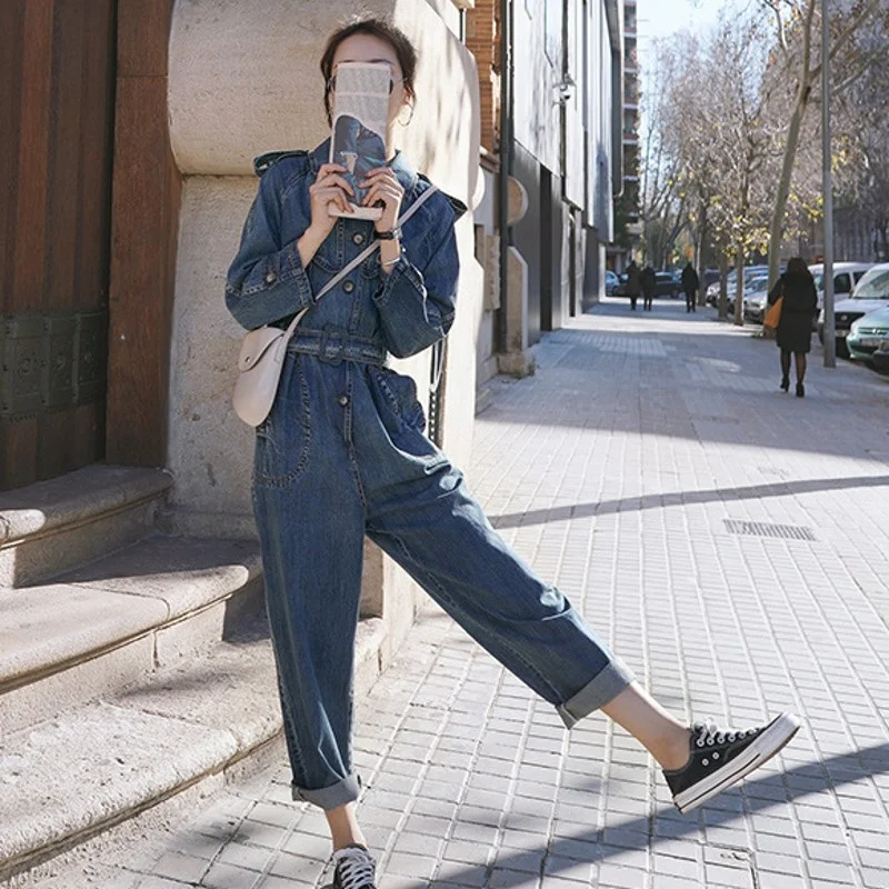 Jumpsuits Denim 2022 Spring Autumn New Korean Style Office Lady Fashion Sets Long Sleeve Playsuit Womens Elegant Overalls