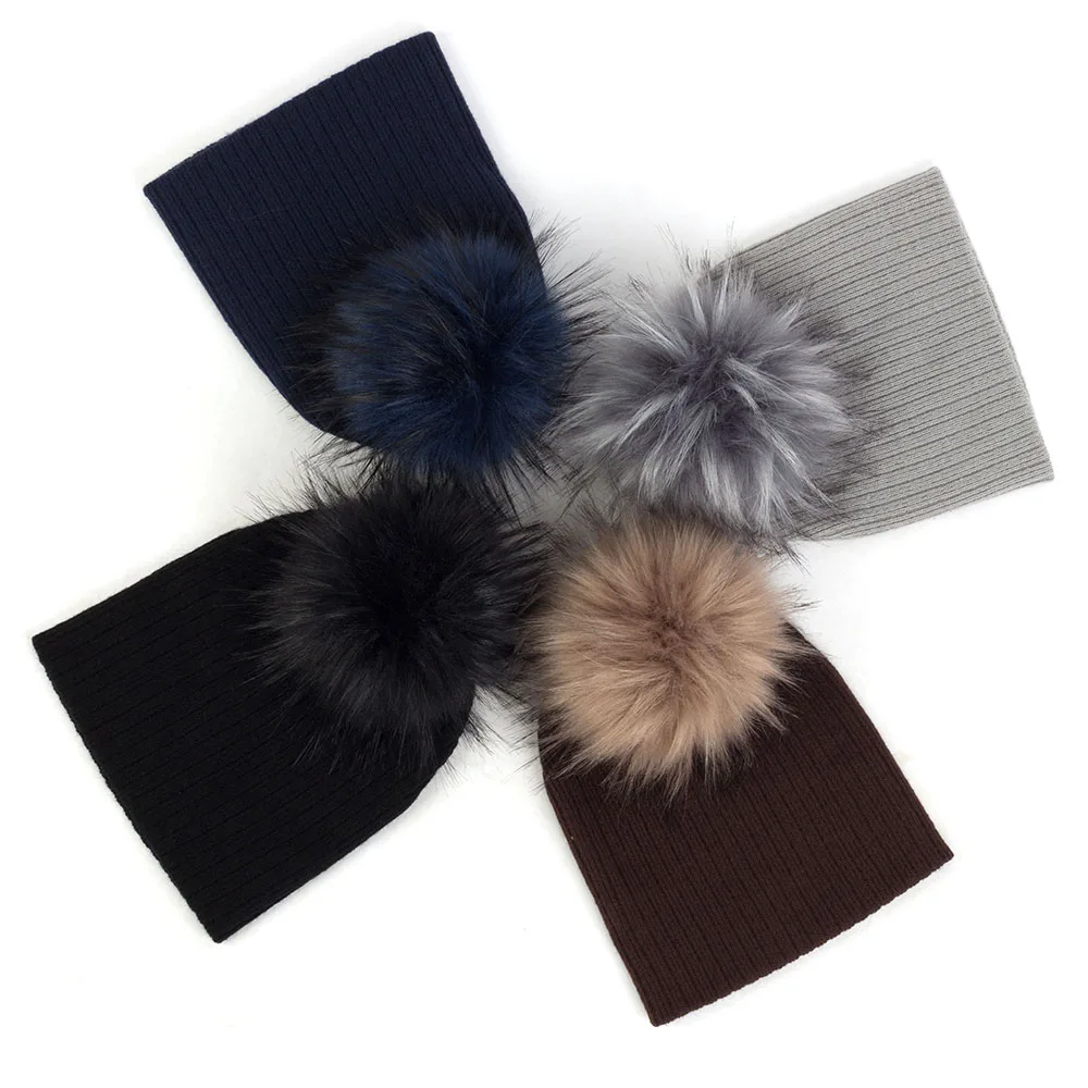 Geebro Fashion child baby Solid Color Ribbed Beanies hats With Faux fur pompom New Girls Boys Kids Soft Cute skully hats