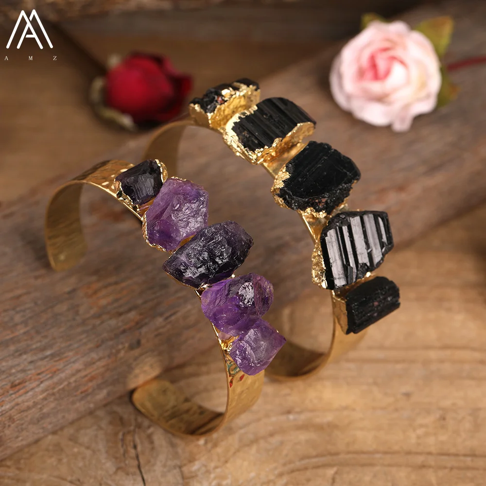 Luxury Women Natural Stone Beads Open Cuff Wristband Bracelet Amethysts Quartz Black Tourmaline Bracelet Jewelry Dropship Gift