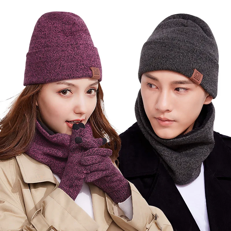 Winter Hat Scarves Gloves Set Fashion Warmth Three-Piece Knitted Hats For Women Men Touch Screen Glove Women Winter Hats 2023