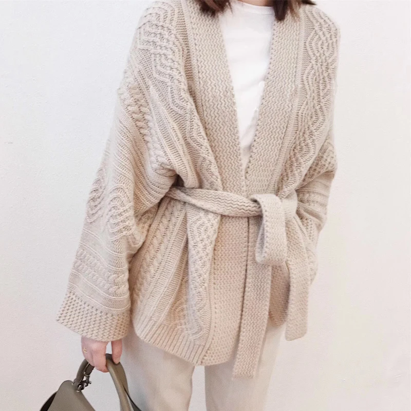 Women Autumn Winter Elegant Beige Twist Sweater Coat Long Sleeve V Neck Knitted Cardigan with Waistbelt Brief Outwear Jacket