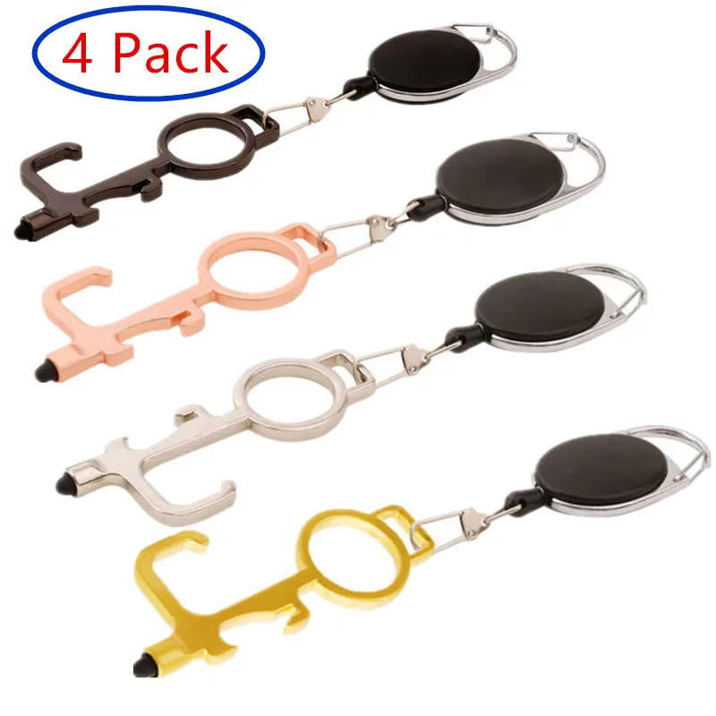 4 Pack No Touch Brass Door Opener Portable Elevator Handle Key Copper Metal Keychain With Phone Touch Screens Contactless Tool