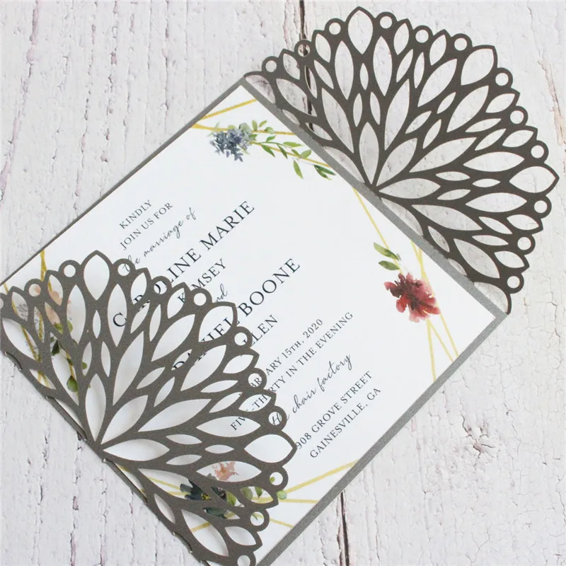 Elegant bridal invitations floral grey laser cut hollow cards envelops personalized printing 50 pcs