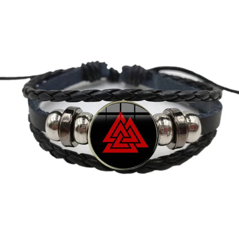 Slavic Norway Valknut Pagan Amulet Bracelet Odin Nordic Rune Symbol Glass Art Amulet Leather Bracelet Viking Jewelry