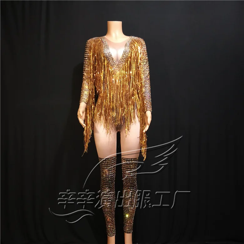 

Women New Skinny Sexy Gold Crystals Sequin Tassels Jumpsuits Stage Wear Bar Party Dancer Luxurious Performance Costume Jumpsuits