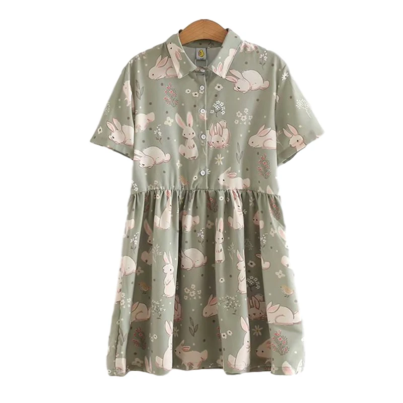 Soft Girl Kawaii Bunny Pink Dress Teens Green 2022 Summer Vintage Cute Rabbit Women Casual Chiffon Short Sleeve Shirt Dresses