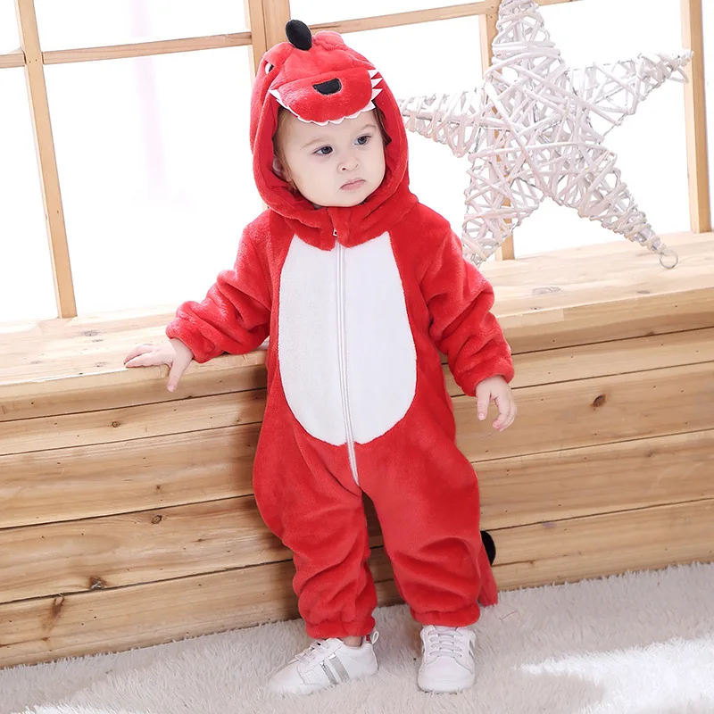 Hot Baby Animal Red Dinosaur Pajamas Long Sleeve Cute Anime Rompers Hooded For Boys Girls Fantasia Warm Cotton Winter Clothes