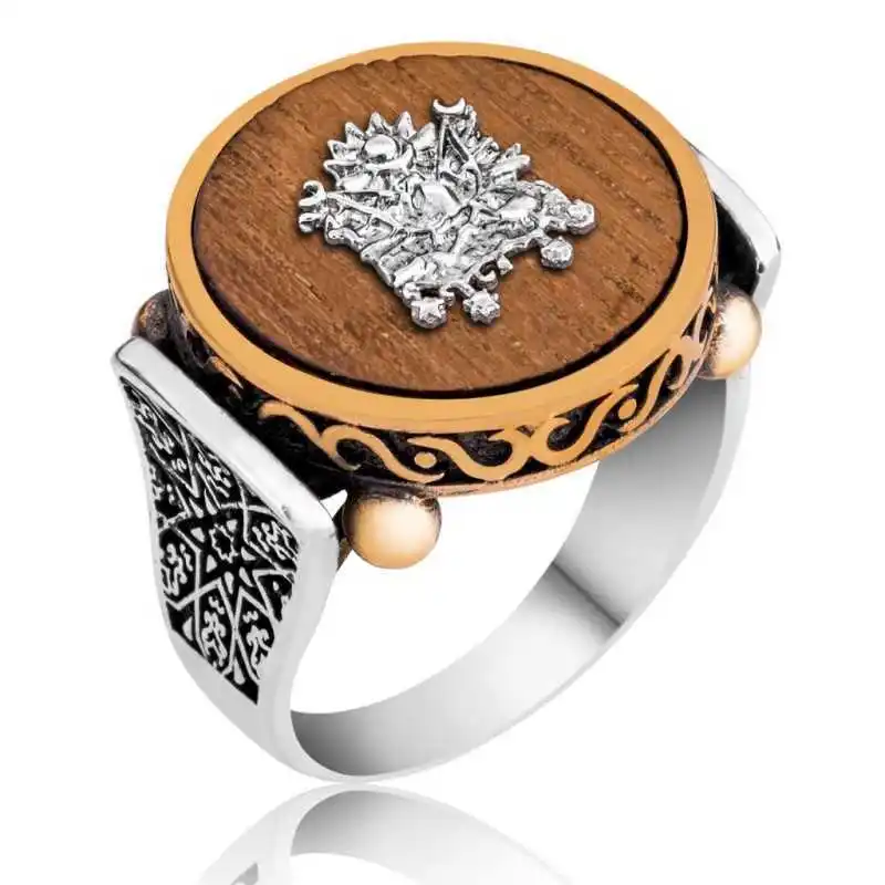 Silver Rosewood Ottoman State Coat of Arms Men's Ring - 925 Sterling Men's Jewelry Wedding Birthday Gift - Box - Male - Fashion - Botiva - Size - Turkish - Patterned Embroidered