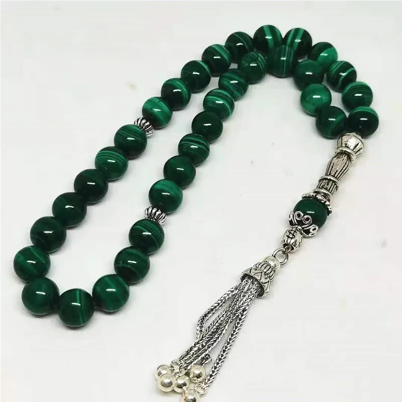 

Sterling Silver Pendant 8mm Natural Green Malachit Stone Round Shape 33 Prayer Beads Muslim Tasbih Allah Mohammed Rosary