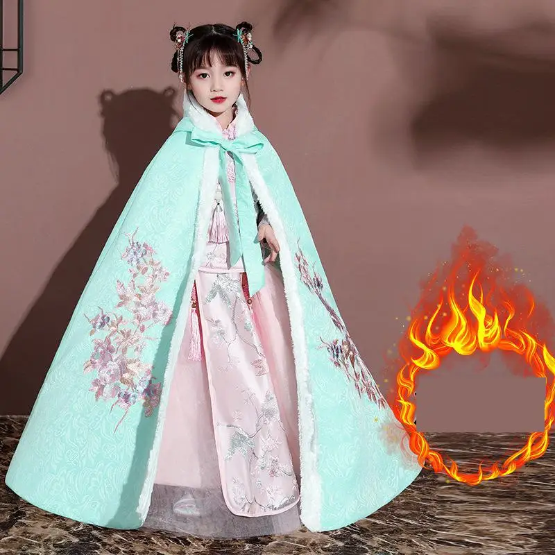 Winter Kids Cotton Chinese Lovely Traditional Ancient Hanfu Cape Children Embroidery Thick And Quilted Hooded Shawl