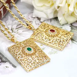 Sunspicems Morocco Square Pendant Necklace Muslim Women Arabesque Long Chain Necklace Gold Color Arabic Bride Wedding Jewelry