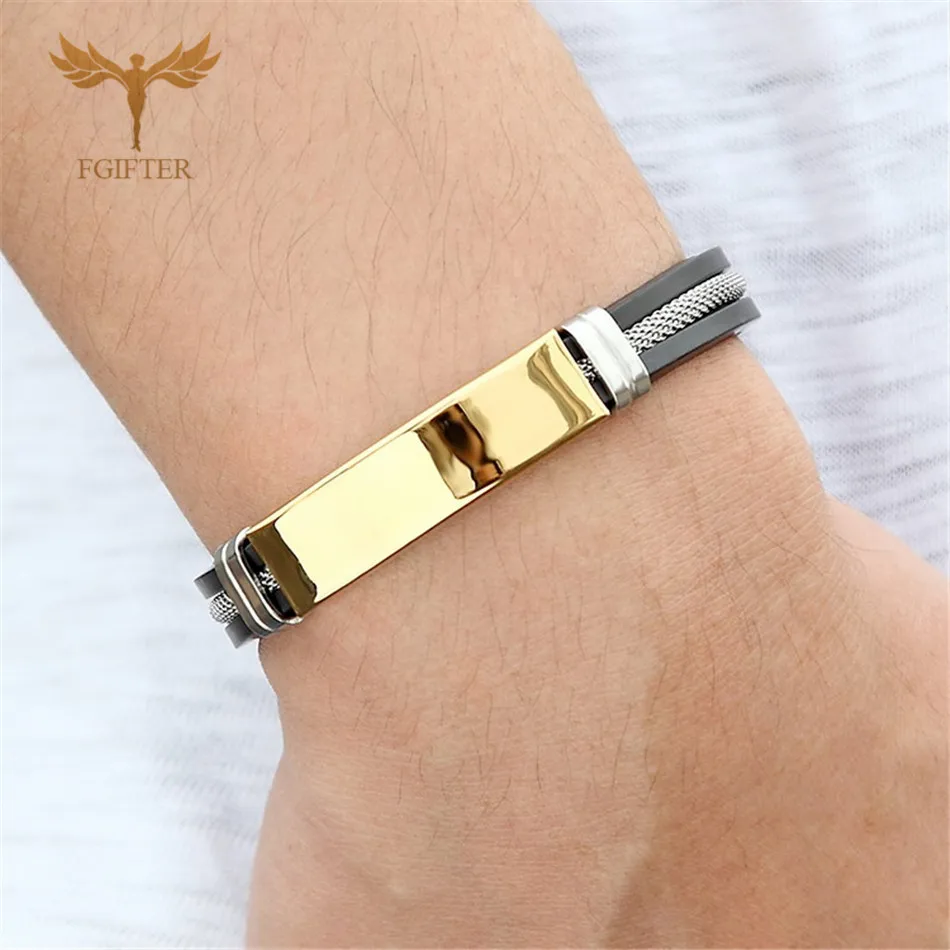 

Stainless Steel Silicone Bracelet With Chain Blank Fitting for Custom Classic Initial Wrist Jewelry Casual Mens Accessories