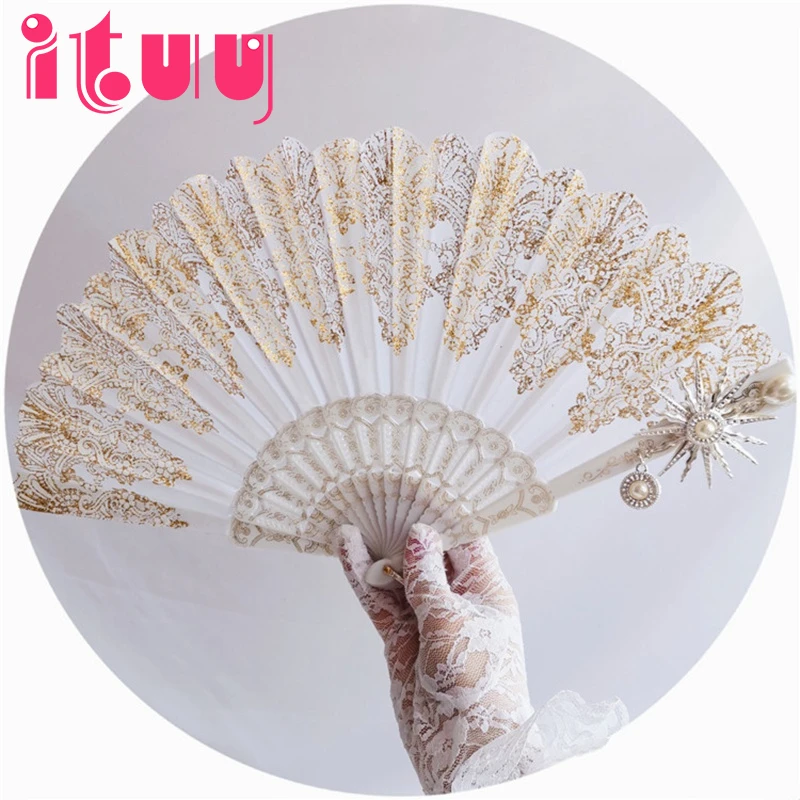 Ventaglio pieghevole per sole con stampa in oro fatto a mano Dark Harajuku Lolita Cosplay Stage Show Photobooth Prop Gothic Hand Fan