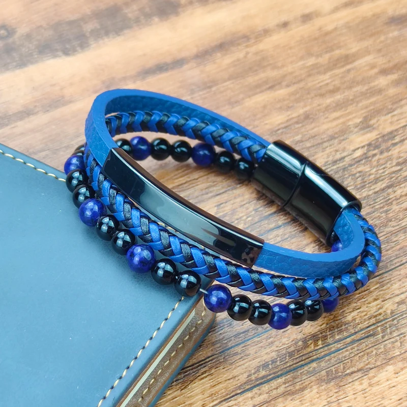 2021 Blue Stone Bracelet Genuine Blue Leather Braided Bracelet Stainless Steel Magnetic Clasp Tiger Eye Bead Bangles Men Jewelry