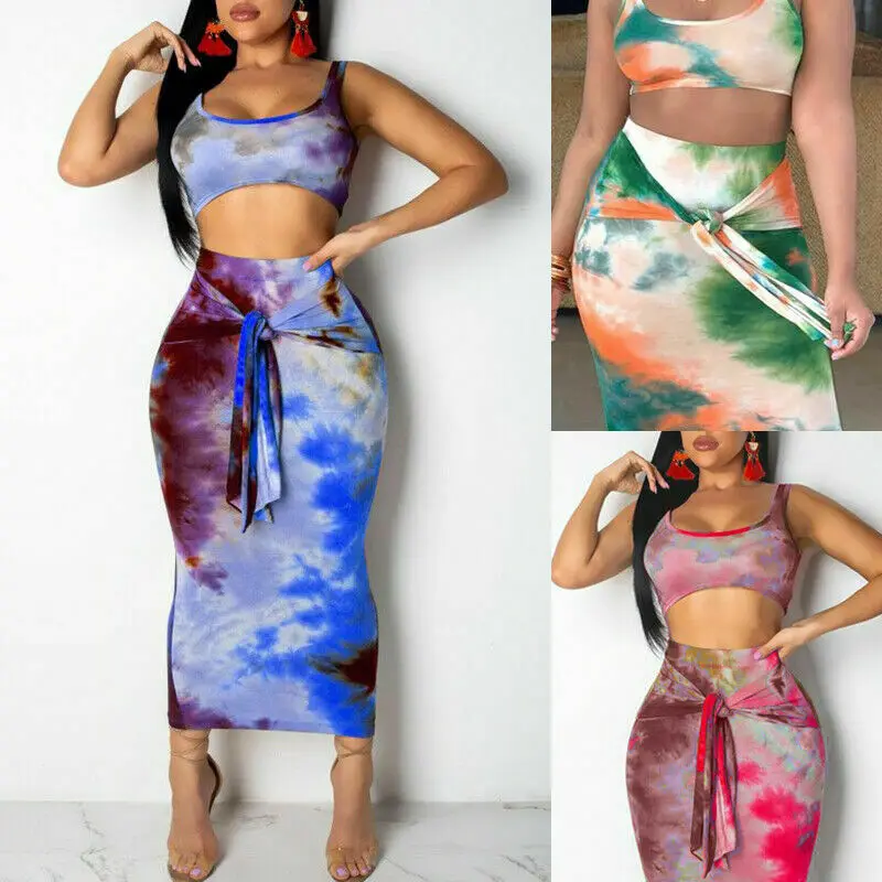 2 sztuk zestaw damski ubrania Crop Top bez rękawów Bandaged Tie-dye drukuj kamizelka Top + spódnica panie lato moda Streetwear Clubwear