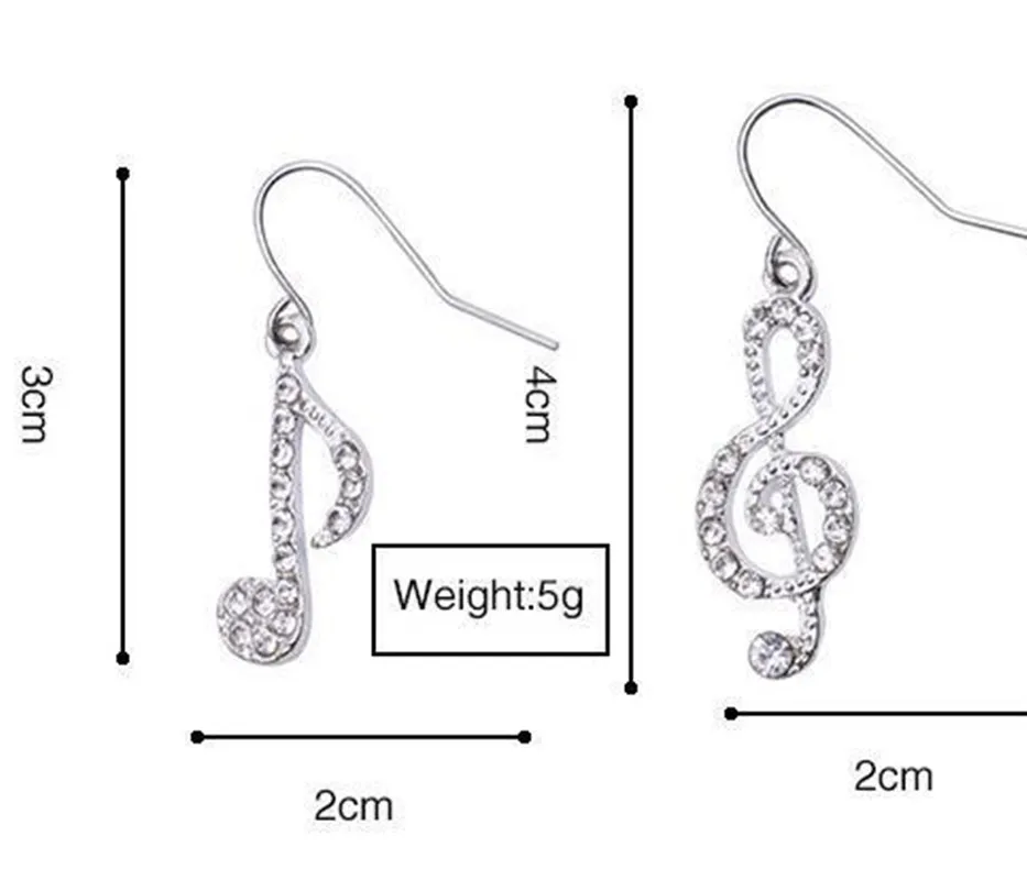 Fashion Romantic Elegent Drop Alloy Earrings Rhinestone Asymmetriy Musical Note Silver Color Earrings Women\'s Jewelry