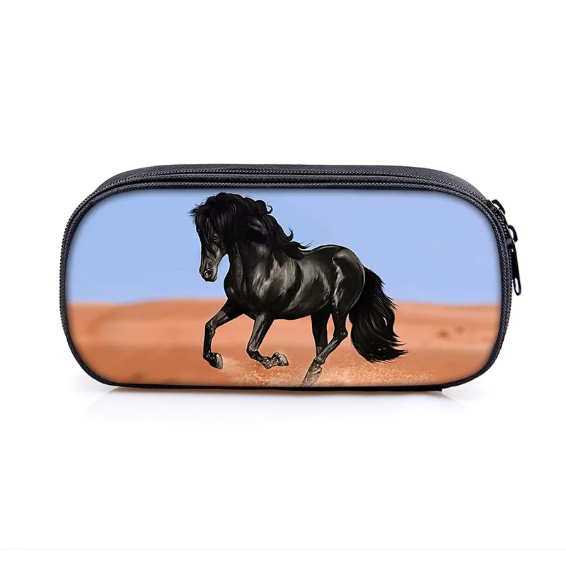 Galloping Animal Black Horse Print  Pencil Bag Ladies Cosmetic Bags For Young Boys Girls Pencil Case Children School Supplies