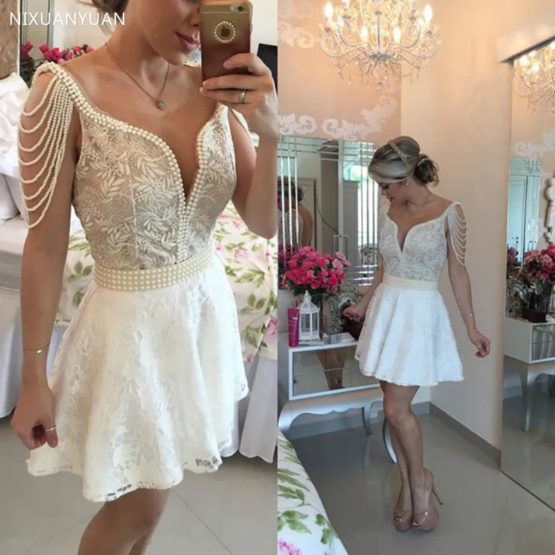 

Ivory 2023 Elegant Cocktail Dresses A-line V-neck Short Mini Embroidery Pearls Party Plus Size Homecoming Dresses