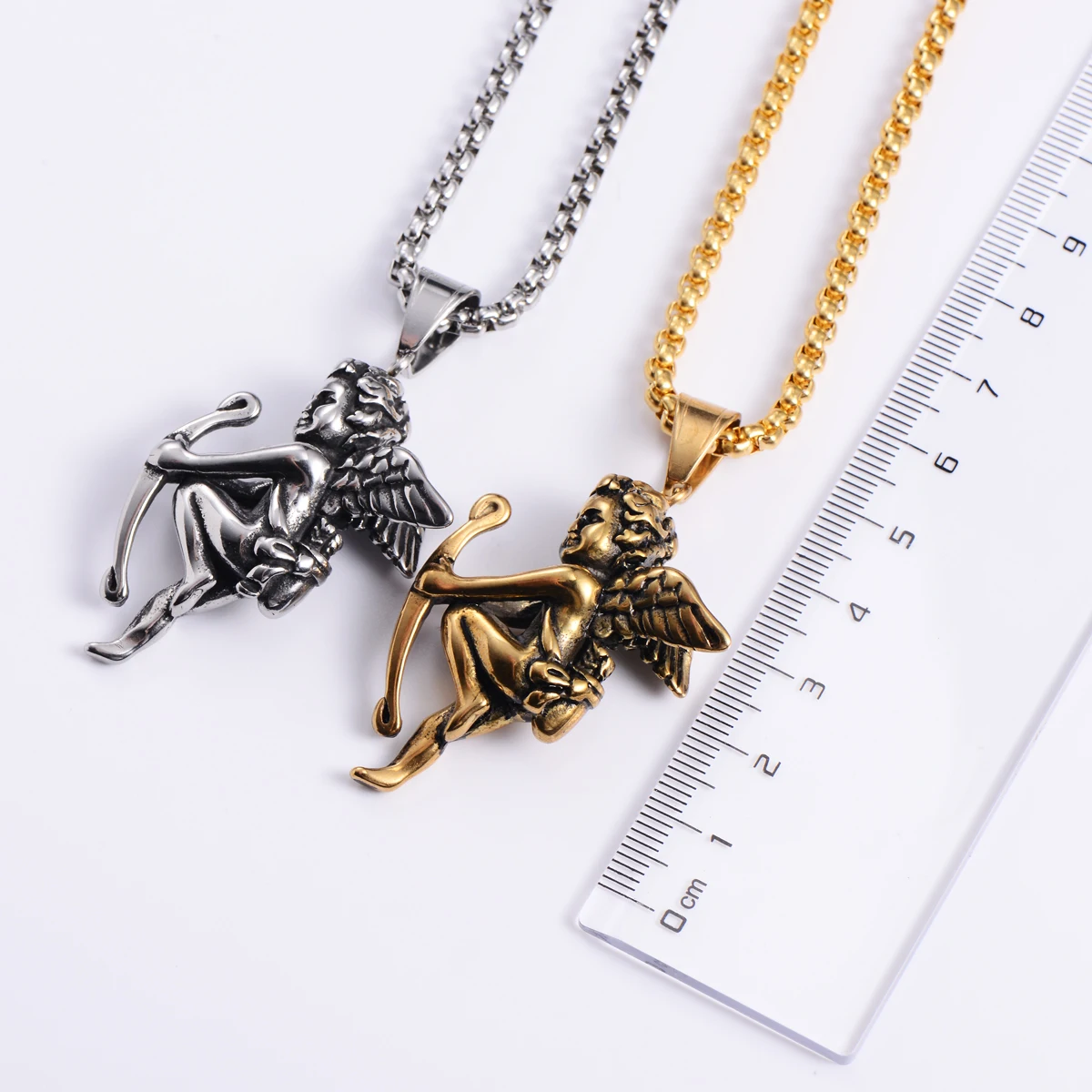 New Pattern Cherub Wings Stainless Steel Pendant Necklace Shoot Cupid Love God Gold Color Hip-hop Male Charm Collar Long Chain